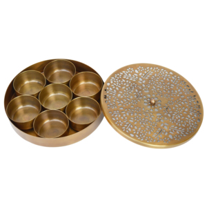 BRASS MASALA CONTAINER INNER CUP 7NOS WITH 1SPOON HERBS and SPICE <b>TOOLS</b> GOLDEN COLOR WITH <b>ENGRAVED</b> DESIGN - Product Image 4