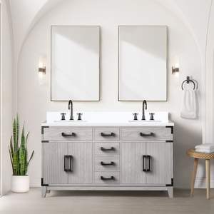 Vanità del doppio bagno di quercia bianca 60 In. W X 22 In. D con Top al quarzo bianco 28 In. Set di rubinetti per specchi per piccoli bagni - Product Image 2