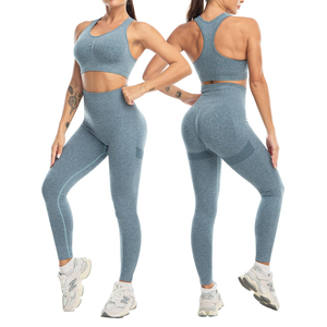 Women Gray Seamless Yoga Set Sports <b>Bra</b> High Waist Leggings 3 Piece Workout Activewear Full Length <b>Racerback</b> Crop Top - Product Image 1