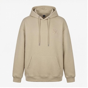 Oversized <b>Quilted</b> <b>Hoodie</b> Men Beige Embroidered Logo Front Pocket Casual Autumn Wear - Product Image 1