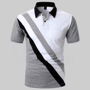 Polo à manches courtes pour homme, style décontracté, tricoté, à blocs de couleur, rayé, gris, blanc, noir - Product Image 1
