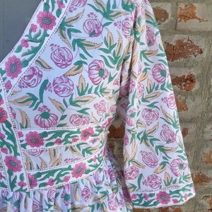 Hand <b>Block</b> Printed 100% Cotton Indian Dress V-neck Long Sleeve Floral <b>Print</b> Casual Tunics and Long Gown Dress For Women - Product Image 3