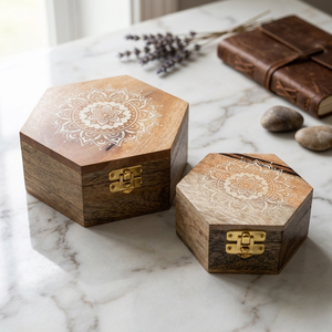 Banyan Tree Hexagon Engraved Wooden <b>Box</b> High Quality Hexa Wooden Jewelry <b>Box</b> Decoration Wood Flip Cover Storage Set of 2 Boxes - Product Image 2