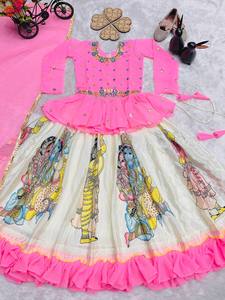 Lehenga Choli Tradicional para Niñas con Estampado Hecho a Mano, de Rayón, Largo hasta el Suelo, Corte Holgado, para Bodas y Fiestas, Estilo India-Pakistán - Product Image 4
