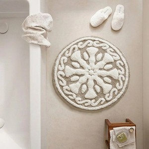 Tapis de bain rond en coton à motif médaillon, avec dos antidérapant en caoutchouc, style bohème, épais et touffeté, blanc et gris, pour la maison et la salle de bain - Product Image 1