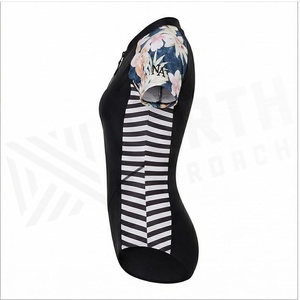 Women One Piece Swimwear Black Floral Sleeve Striped Side Zip Front Spandex Polyester Quick Dry Contrast Binding Stand Collar - Product Image 3