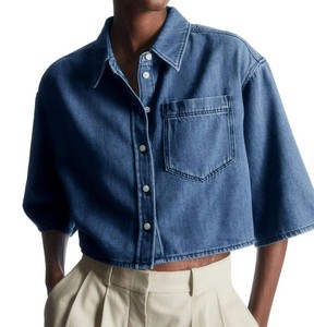 Camisa Corta de Mezclilla para Mujer, Corte Holgado, con Botones, Manga Corta, Informal, Azul, Estilo Urbano, Moda Primavera-Verano - Product Image 6