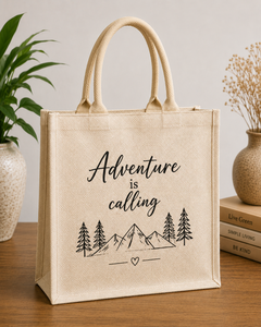 Le sac fourre-tout en jute « L'aventure vous appelle » 33x35x16cm avec poignée pour les courses - Product Image 1