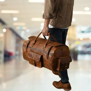 Nueva Bolsa de Viaje de Fin de Semana, 100% Cuero Genuino, Color Marrón, con Cierre de Cremallera y Múltiples Bolsillos, para Hombre y Mujer - Product Image 1