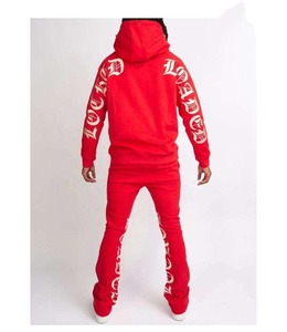 Sudadera con capucha y pantalones acampanados de algodón de gran tamaño, chándal de dos piezas con estampado 3D de lana de dos piezas y logotipo personalizado - Product Image 6