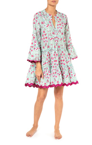 Vestido Bohemio para Mujer, Mangas Anchas, para Toda Ocasión, Estampado Floral en Tonos Aqua y Fucsia, Túnica de Verano con Dobladillo Metálico Rik Rak, Estilo Femenino - Product Image 4