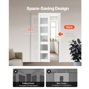 Kit Ferramenta per Porta Scorrevole Singola a Scomparsa 76x203 cm con 5 Vetri Satinati, Materiale Principale Robusto in Legno Massello, MDF e PVC - Product Image 3