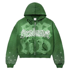 Ensemble de survêtement streetwear pour homme avec logo personnalisé, comprenant un sweat à capuche et un pantalon de jogging, en tissu uni, écologique, avec strass et cristaux, effet délavé et vieilli, style streetwear, OEM - Product Image 2