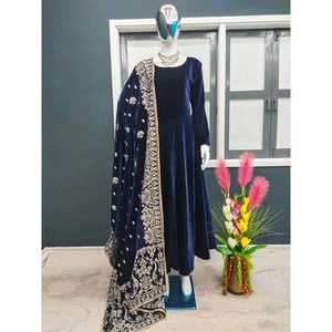 VESTIDO DE TERCIOPELO DE DISEÑADOR CON BORDADO TRABAJO DUPATTA AZUL MARINO - Product Image 1