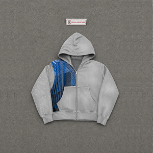 เสื้อฮู้ดซิปสีเทาพรีเมียม แต่งแผงกราฟิกสีน้ำเงิน ทรงโอเวอร์ไซส์ สไตล์สตรีทแวร์ ผ้าฟลีซ สำหรับผู้ชายและผู้หญิง ลำลอง ผ้าเฟรนช์เทอร์รี่ - Product Image 5
