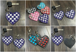 Trending Handcrafted Checkered Leather Heart Shape Keychain New Wholesale Genuine Leather Fashion Bag Charm <b>Key</b> <b>Ring</b> For Women - Product Image 3