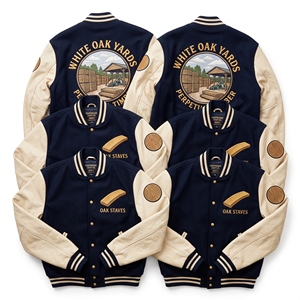 Chaqueta Letterman al por mayor, abrigo universitario de lana verde con bordado de pavo real y mangas de cuero tostado, estilo bomber. - Product Image 4