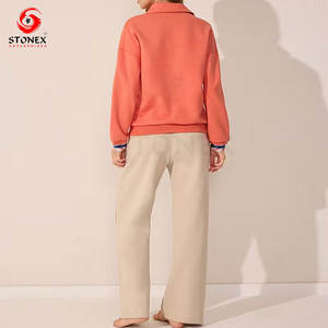 Womens Two-Piece Solid Lounge Set Long Sleeve Half-Zip Top Wide-Leg <b>Pants</b> Side Pockets Soft Comfortable Breathable - Product Image 2