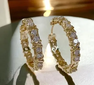 Moissanite Hoop Earrings Tishya Diamond 925 Sterling <b>Silver</b> Gold Plated Cut <b>Huggie</b> 3.8g Luxury Women Jewelry Gift Party - Product Image 1