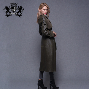 JANEFUR Women's Long Leather Trench <b>Coat</b> Turn-down Collar Faux Fur Lining Winter Moto Biker Style Slim Fit - Product Image 6