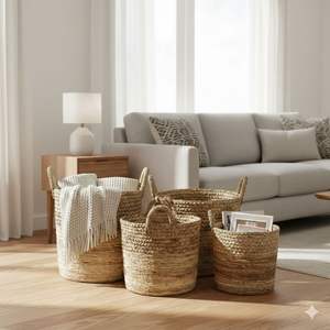 Ensemble de 3 paniers à 2 motifs en écorce de bananier et jacinthe d'eau, artisanat - Product Image 5