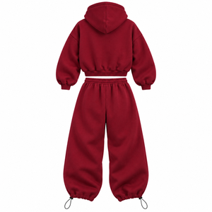 OEM Custom Unisex <b>Burgundy</b> Cropped Zip <b>Hoodie</b> Tracksuit Oversized Wide Leg Fleece Streetwear Set - Product Image 5