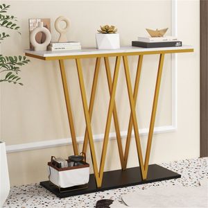 Consolle in Legno Massello da 40 Pollici con Piano in Finto Marmo e Struttura in Metallo a Forma di W per Ingresso, Corridoio o Soggiorno in Stile Rustico - Product Image 2