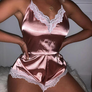 Combinaison de nuit courte pour femmes en satin rose avec dentelle, col halter, sans manches, vêtements de nuit d'été - Product Image 4
