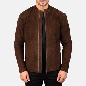 Relevo Industries <b>Men's</b> Brown <b>Suede</b> Leather <b>Jacket</b> Stand Collar Zipper Front Slim Fit Moto Biker Style Autumn Wear <b>For</b> <b>Men</b> - Product Image 4