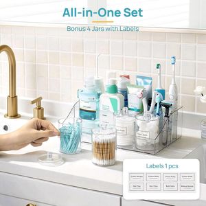 Lot de 5 organiseurs transparents pour comptoir de salle de bain, 1 plateau divisé, 4 pots porte-cotons-tiges pour brosses à dents et cotons-tiges, rangement pour étagères de salle de bain - Product Image 3