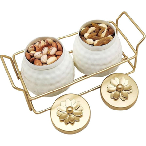 Tropical Metal <b>Serving</b> Set Round <b>Lidded</b> <b>Bowls</b> Polished Gold Finish <b>with</b> Arched Stand for Dry Fruits and Nuts <b>Serving</b> <b>Bowls</b> - Product Image 6