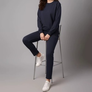 <b>Women's</b> <b>Navy</b> Blue Cotton Sweatshirt Jogger Set Casual Loose Fit Crew Neck Solid Color Full Sleeve Ankle Length 2 Piece Outfit - Product Image 3