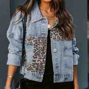 Women's Leopard Print Patch Work <b>Denim</b> Jacket Light Blue Distressed Patchwork Design Long Sleeve Casual <b>Coat</b> - Product Image 4