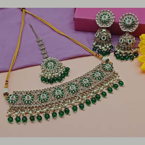 Gold Plated Fine Jewelry Set-10581272GR with Crystal Stone and <b>Pearl</b> <b>Choker</b> Necklace - Product Image 1