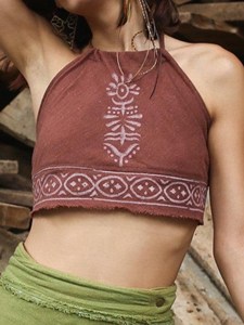 Handcrafted Tribal Block Print Brown Cotton Halter Crop <b>Top</b> Bohemian <b>Festival</b> Wear Eco-Friendly Organic Khadi Sleeveless <b>Top</b> - Product Image 2