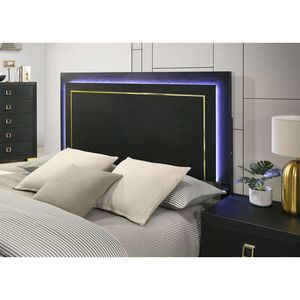 Queen Size <b>Bed</b> with LED W Black Wooden <b>Frame</b> and <b>Gold</b> Trim 1pc Up-Holstered Bedroom Furniture with Metal Bracket Legs - Product Image 2