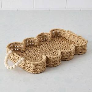 Wave Edge Serving Tray Seagrass Textured Wicker Tray With Bead Handle For Coffee <b>Table</b>, <b>Kitchen</b> Use And Decorative Home Styling - Product Image 1