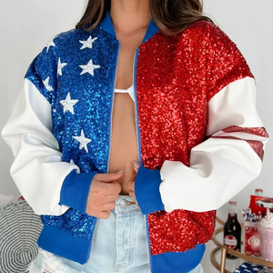 American Flag <b>Sequin</b> Bomber <b>Jacket</b> with Faux Leather Sleeves USA Bonded Processing - Product Image 1