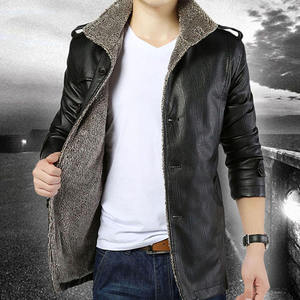 Chaqueta de Cuero PU para Hombre, Cuello Alto, Forro de Piel Sintética, Resistente al Viento, Estilo Motero, Invierno, Gruesa, Largo Regular, Color Sólido - Product Image 3