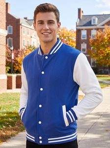 <b>Men</b> <b>Blue</b> White Varsity Jacket Casual Cotton Polyester Stand Collar Button Front <b>Men</b> Varsity Jacket Classic Baseball Letterman - Product Image 3