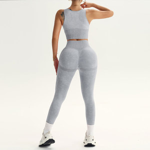 Conjunto de Yoga de 3 Piezas sin Costuras, Top Corto Acanalado de Color Sólido, Leggings de Cintura Alta, Sin Mangas, de Spandex y Poliéster - Product Image 2