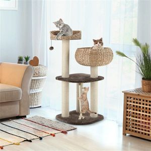 Arbre à chat en jacinthe d'eau tressé à la main de 41 pouces avec 3 poteaux à gratter en sisal, centre d'activités multi-niveaux pour chats, marron - Product Image 5