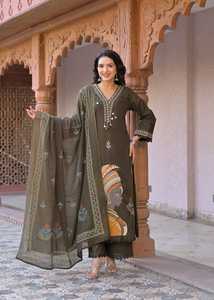 Elegant Moss Green 60x60 Cotton Applique Suit Set with Designer <b>Kurta</b> Palazzo Pants and Coordinated Dupatta for <b>Women</b> Festive We - Product Image 1