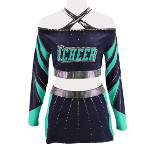 Uniforme de Porristas de Manga Larga con Hombros Descubiertos, Spandex, Logotipo Frontal con Pedrería, Azul Marino y Verde Azulado, Conjunto de Dos Piezas - Product Image 1