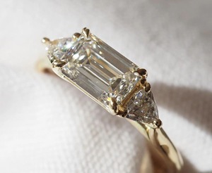 2 TC Emerald Cut Lab Grown <b>Diamond</b> Three Stone <b>Ring</b> East West Setting 14K Yellow Gold Trilliant Side Stones Bridal <b>Ring</b> - Product Image 6