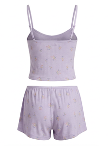 Ensemble pyjama pour femmes, short à fleurs lavande, haut à bretelles réglables et taille élastique, ensemble de vêtements de nuit - Product Image 3