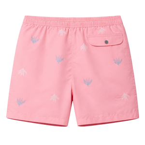 Short de bain mi-long pour homme rose à motif végétal brodé, séchage rapide, taille élastique, avec poche - Product Image 3