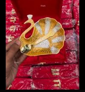 Bol de service décoratif en forme de paon plaqué or et argent avec cuillère assortie, plateau en métal argenté allemand fait main - Product Image 3