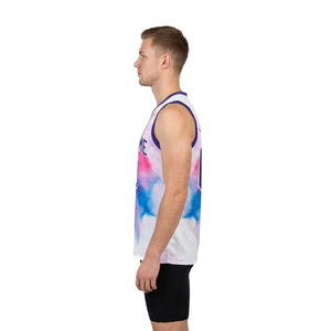 Ensemble d'uniformes de basket-ball imprimés en aquarelle pour hommes, maillot sans manches à col en V avec short uni, noms d'équipes et numéros de joueurs imprimés - Product Image 5