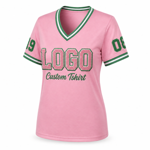 Custom Women's Sorority T Shirt <b>Pink</b> Green Cotton V Neck Ringer Chenille Patch Contrast Trim Greek Apparel Wholesale <b>Plus</b> <b>Size</b> - Product Image 1